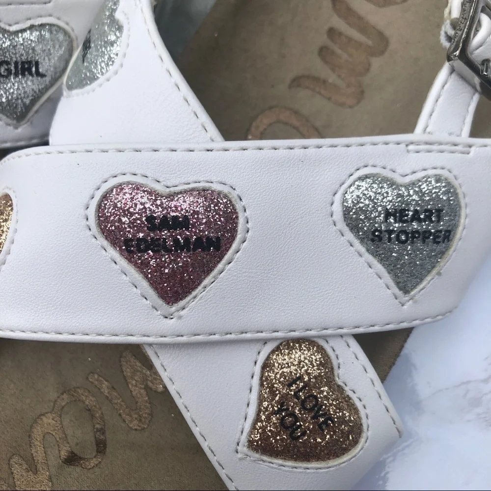 Sam Edelman girl’s Bethel Kandi white heart crisscross sandal shoes size 3